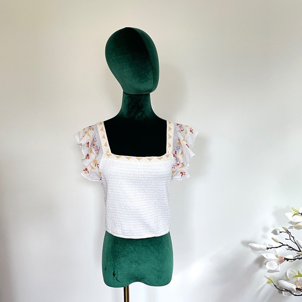 Embroidered Women Crop Top Smocked Medium Festival Boho Cottagecore Square Beach